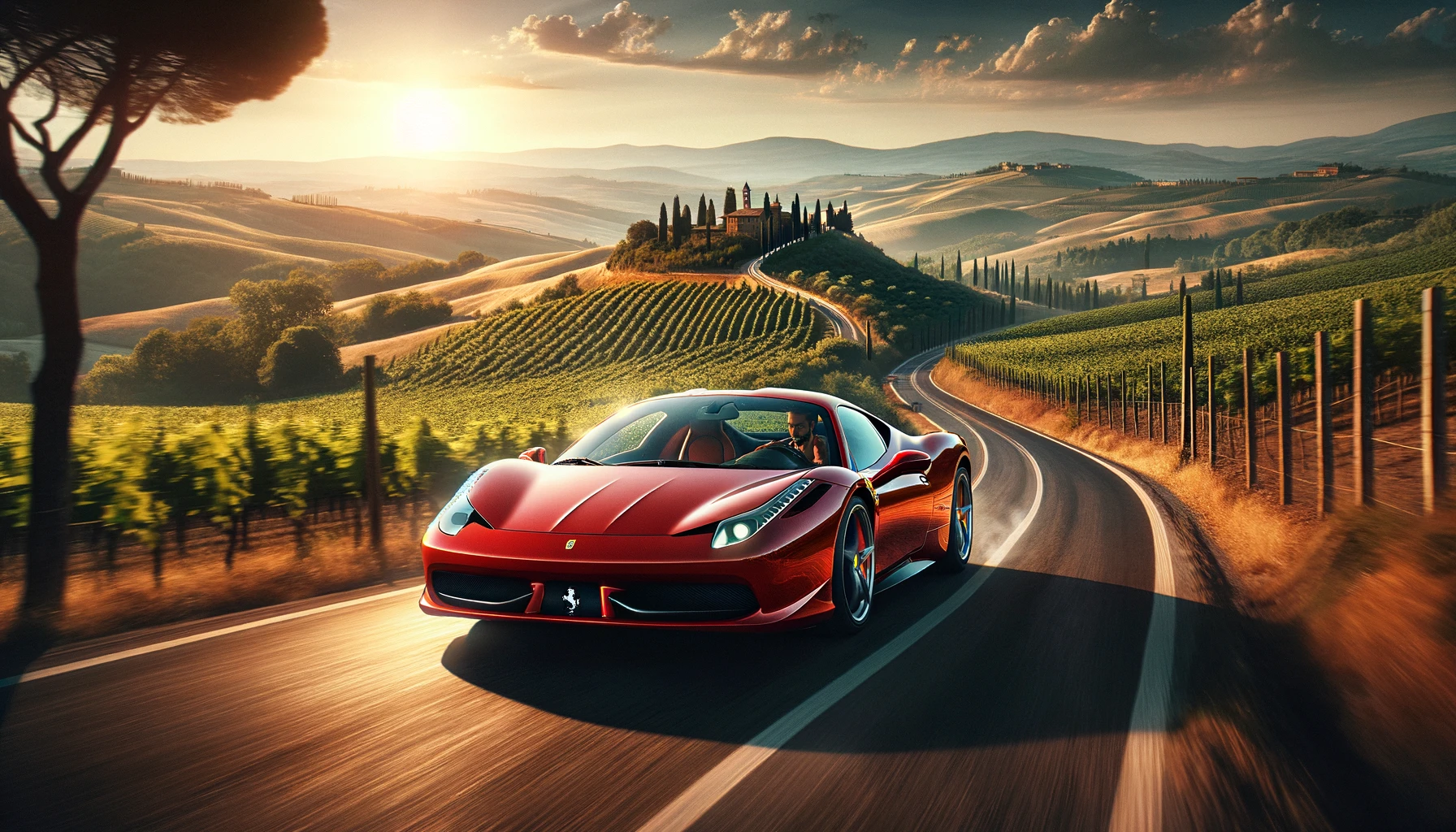 Ferrari 458 Italia speeding along a country road in Tuscany