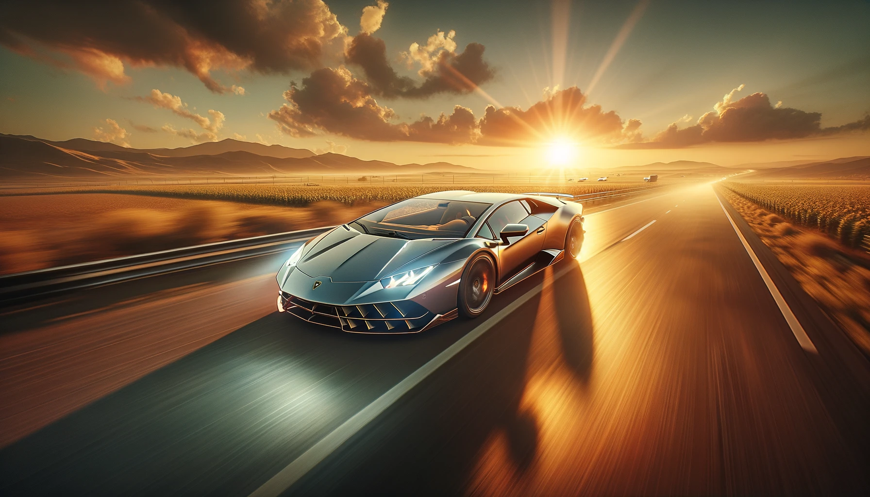 Lamborghini on an open road at sunset