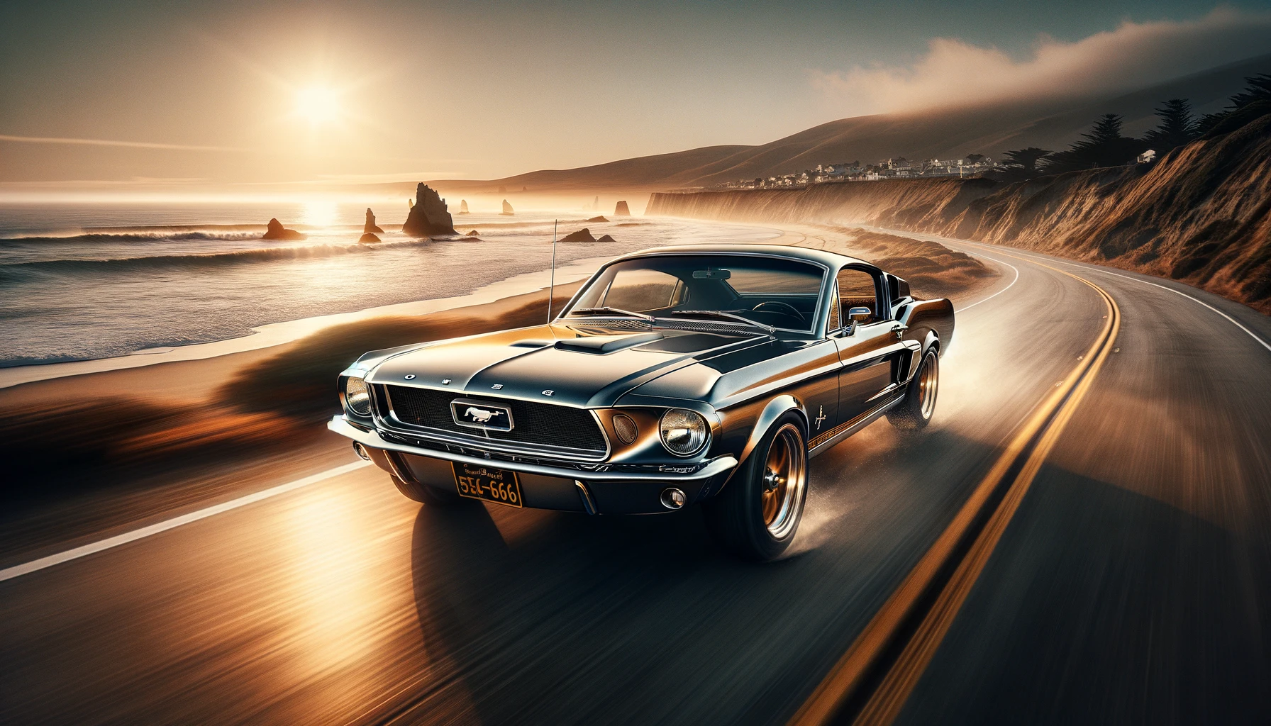 1967 Ford Mustang Fastback booming along a coastal road next to a vast beach