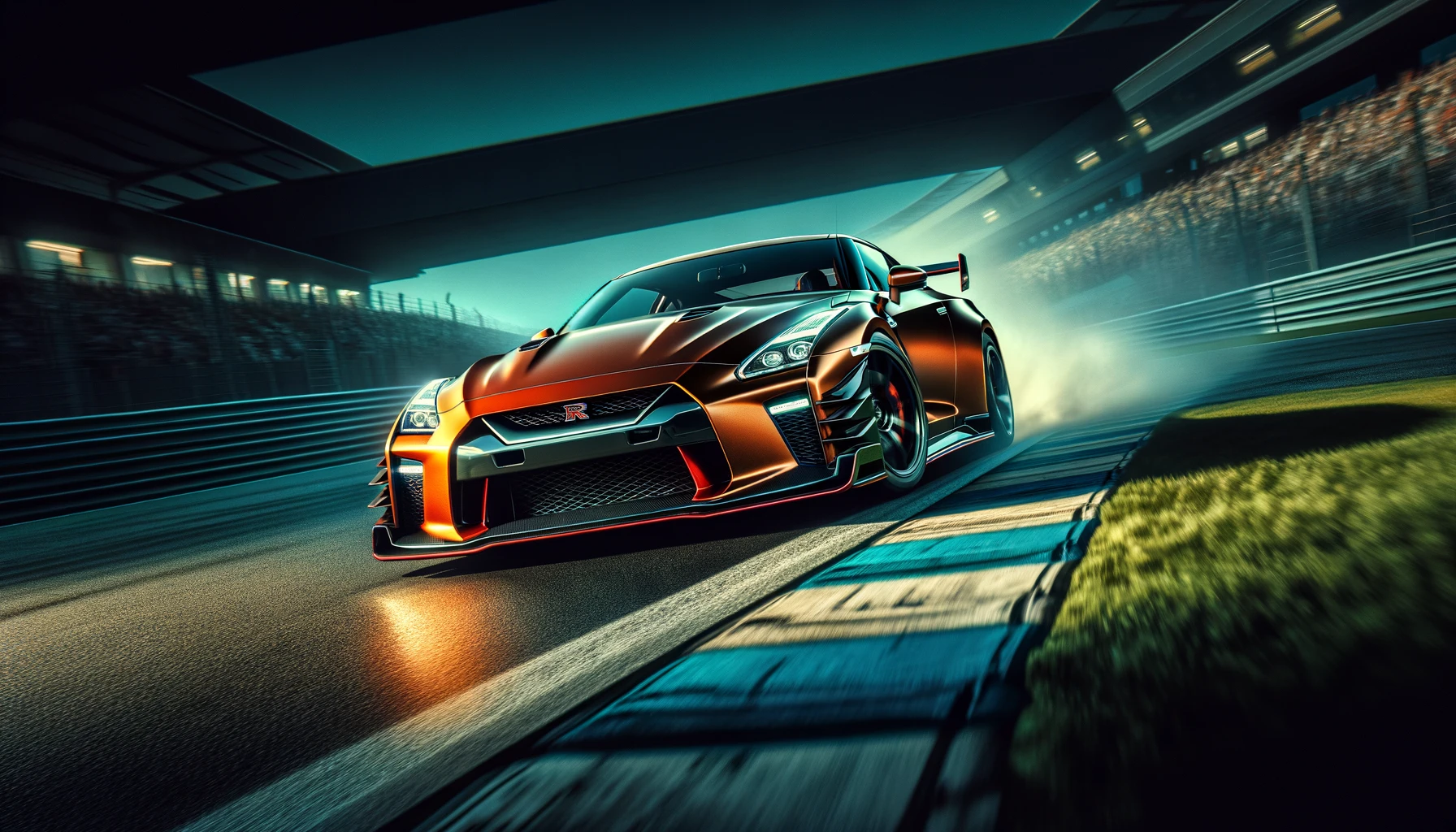 Orange Nissan R35 GT-R coming out of a corner at a circuit