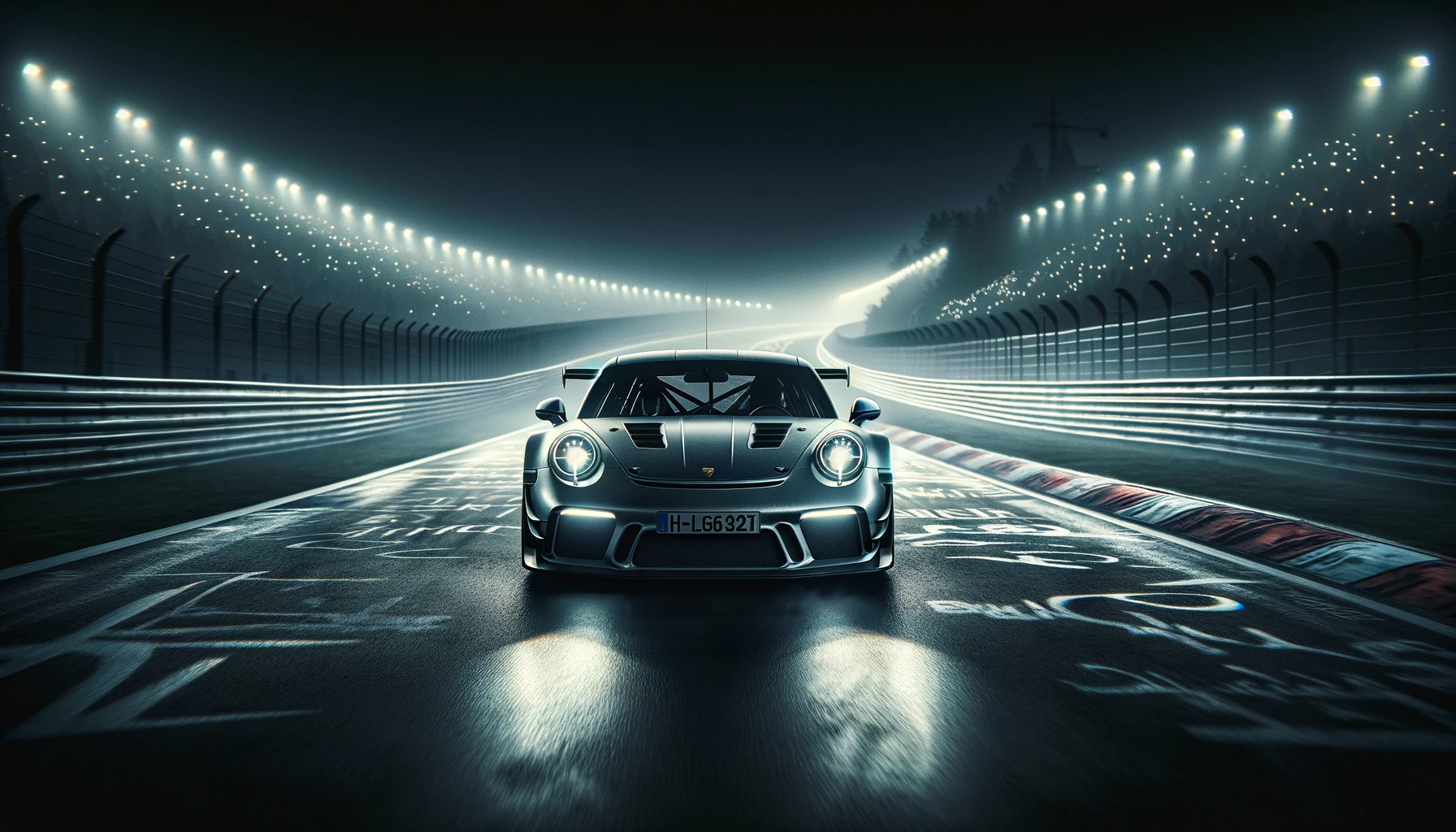 Porsche 911 GT3 racing through the Nürburgring on a cold night